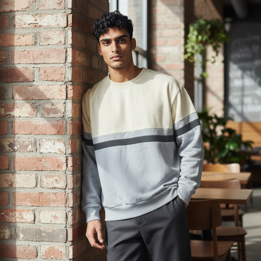 Brandy Melville Colorblock Crewneck Sweatshirt – Ivory & Gray Striped Pullover – One Size