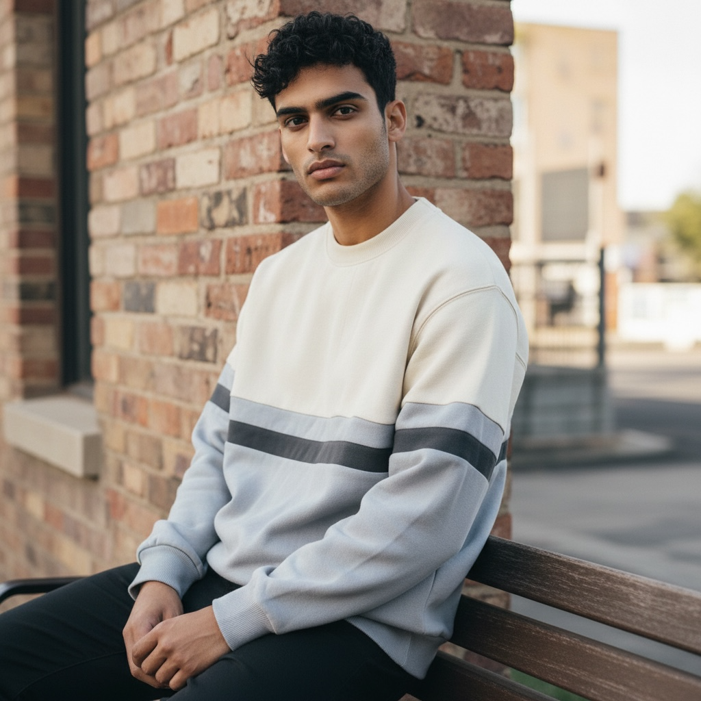 Brandy Melville Colorblock Crewneck Sweatshirt – Ivory & Gray Striped Pullover – One Size