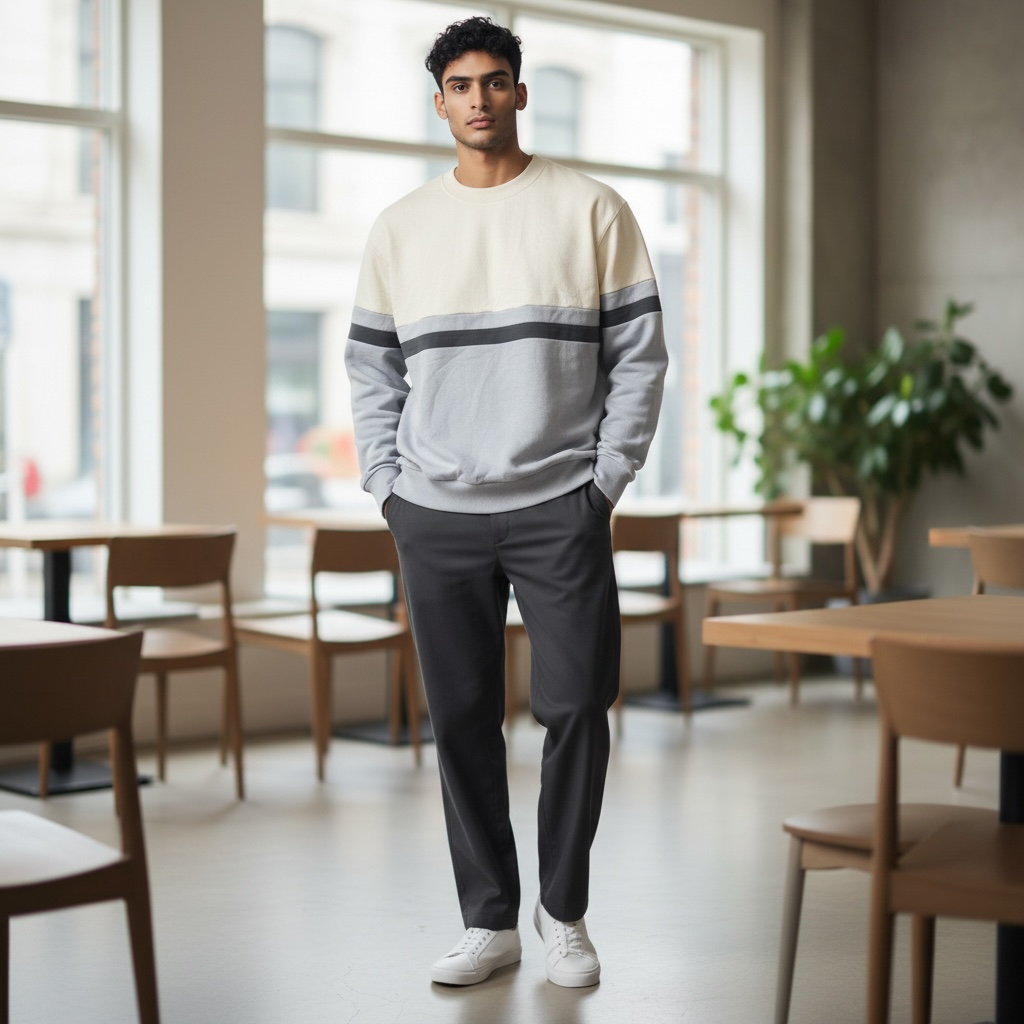 Brandy Melville Colorblock Crewneck Sweatshirt – Ivory & Gray Striped Pullover – One Size