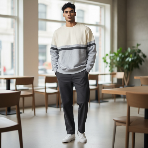 Brandy Melville Colorblock Crewneck Sweatshirt – Ivory & Gray Striped Pullover – One Size