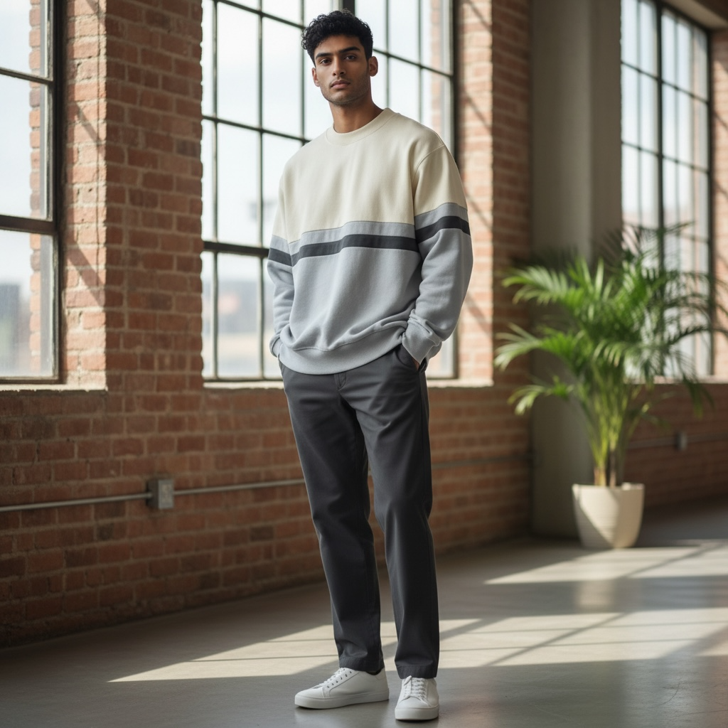 Brandy Melville Colorblock Crewneck Sweatshirt – Ivory & Gray Striped Pullover – One Size