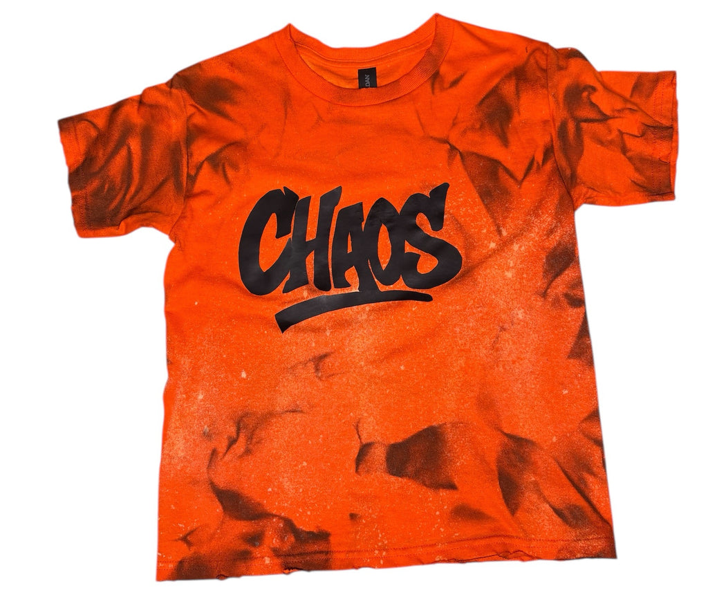 Custom Orange “CHAOS” Graphic Tee – Spray Effect – Small