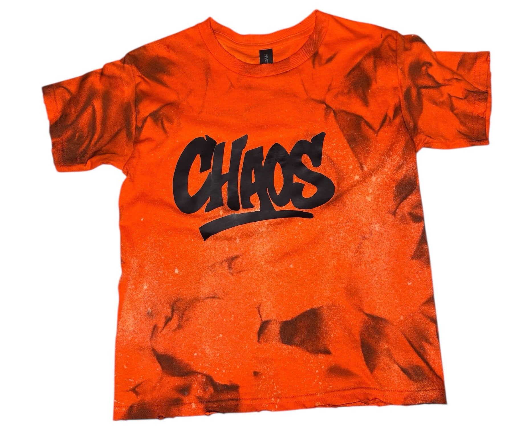 Custom Orange “CHAOS” Graphic Tee – Spray Effect – Small