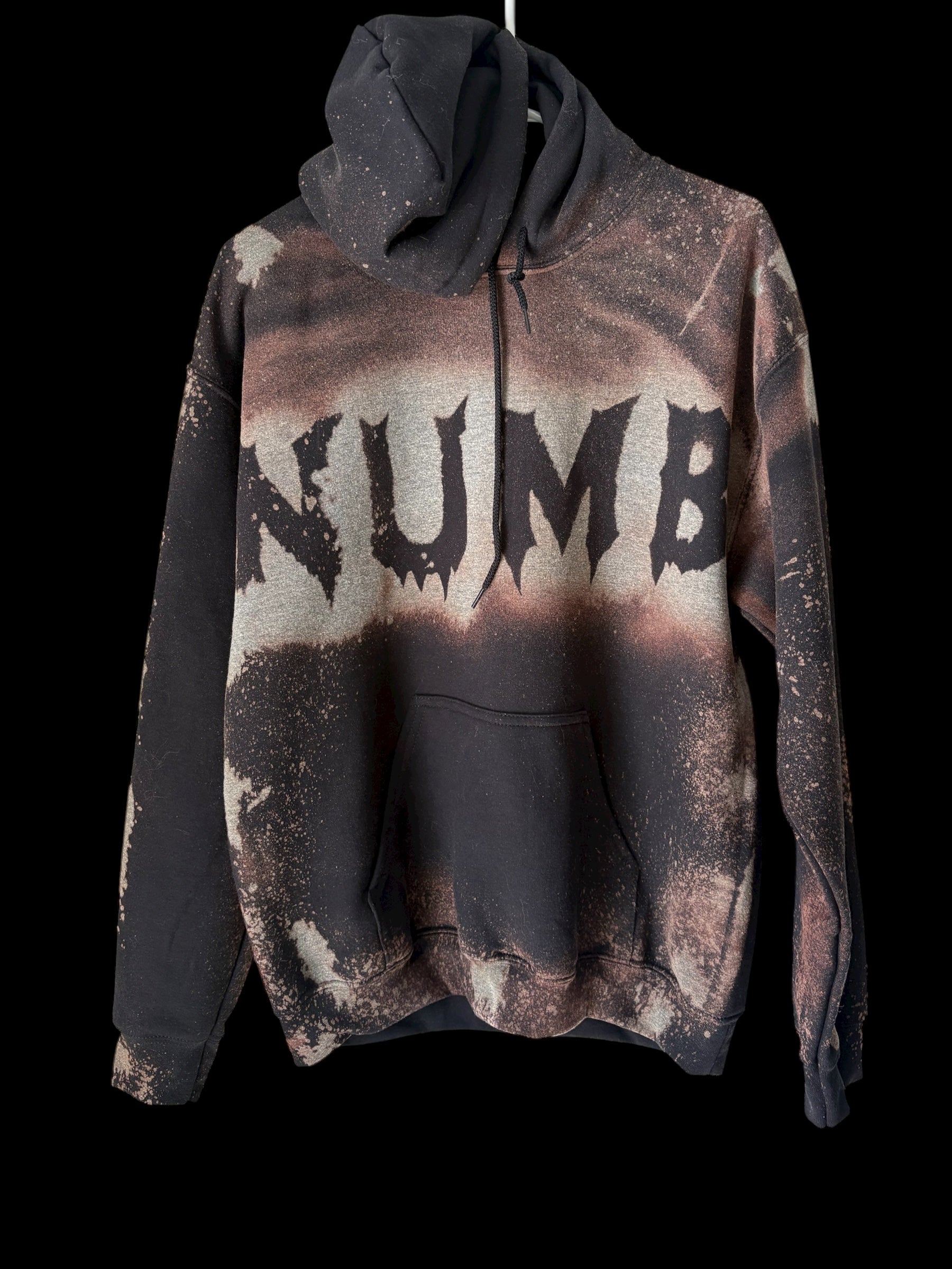 One-of-a-Kind Streetwear Hoodie – Custom HandMade Grunge Bleached Hoodie – NUMB Graphic – Medium