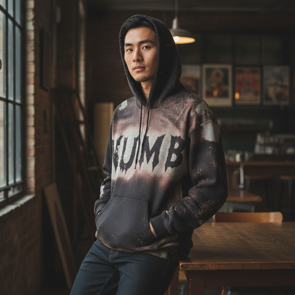 One-of-a-Kind Streetwear Hoodie – Custom HandMade Grunge Bleached Hoodie – NUMB Graphic – Medium