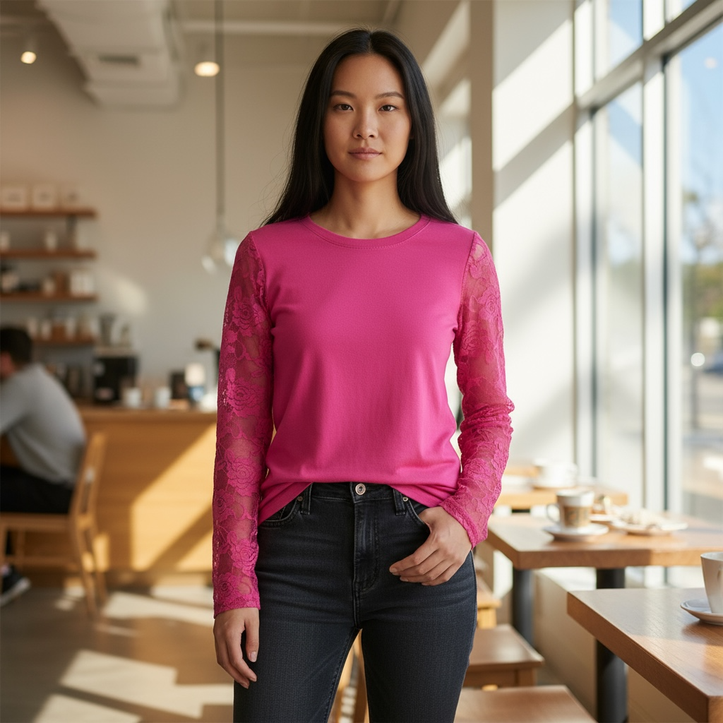 Color Story Hot Pink Lace Long Sleeve Top | Size Small
