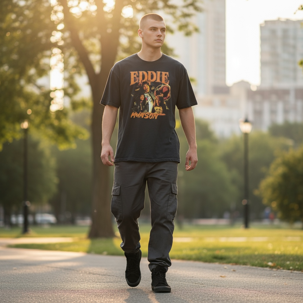 (SOLD OUT)Eddie Munson Graphic Tee – Retro Stranger-Style Rock Shirt (Men’s XL)