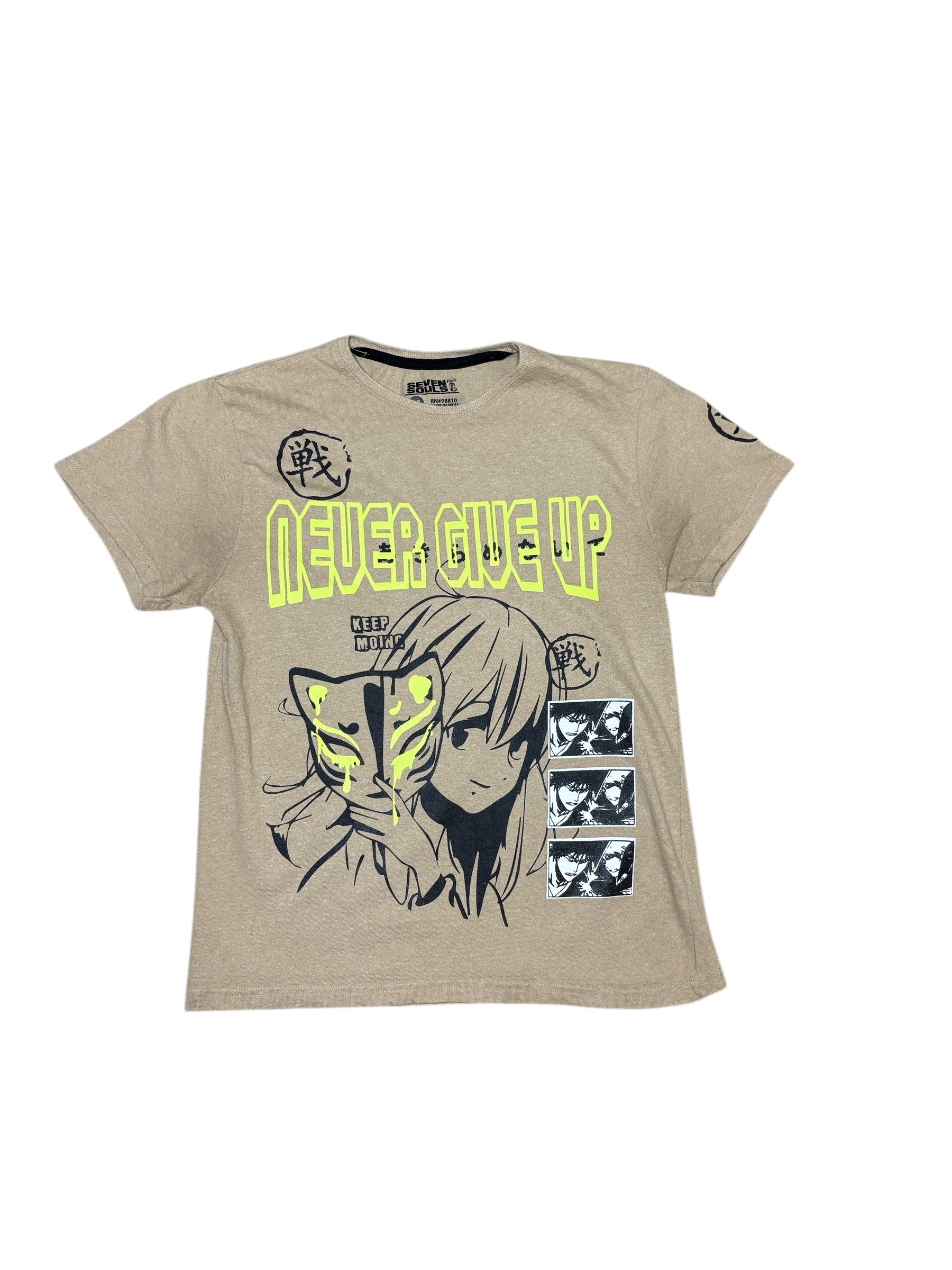 Seven Souls Anime Graphic Tee – “Never Give Up” Manga Neon Green Print – Size M