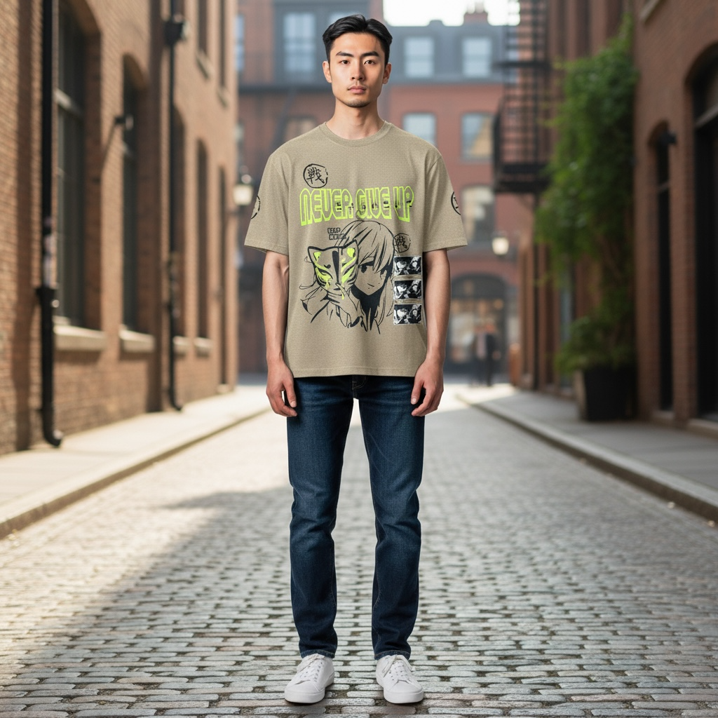 Seven Souls Anime Graphic Tee – “Never Give Up” Manga Neon Green Print – Size M