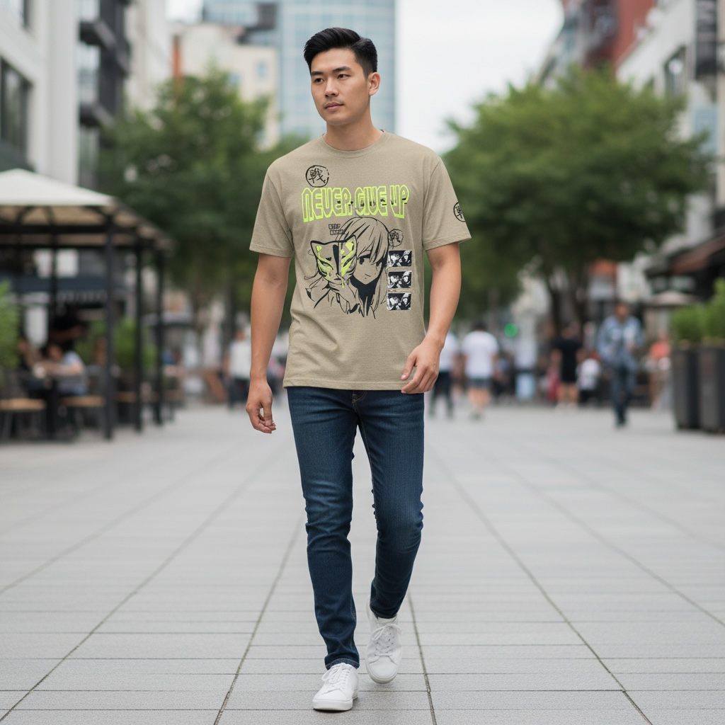 Seven Souls Anime Graphic Tee – “Never Give Up” Manga Neon Green Print – Size M