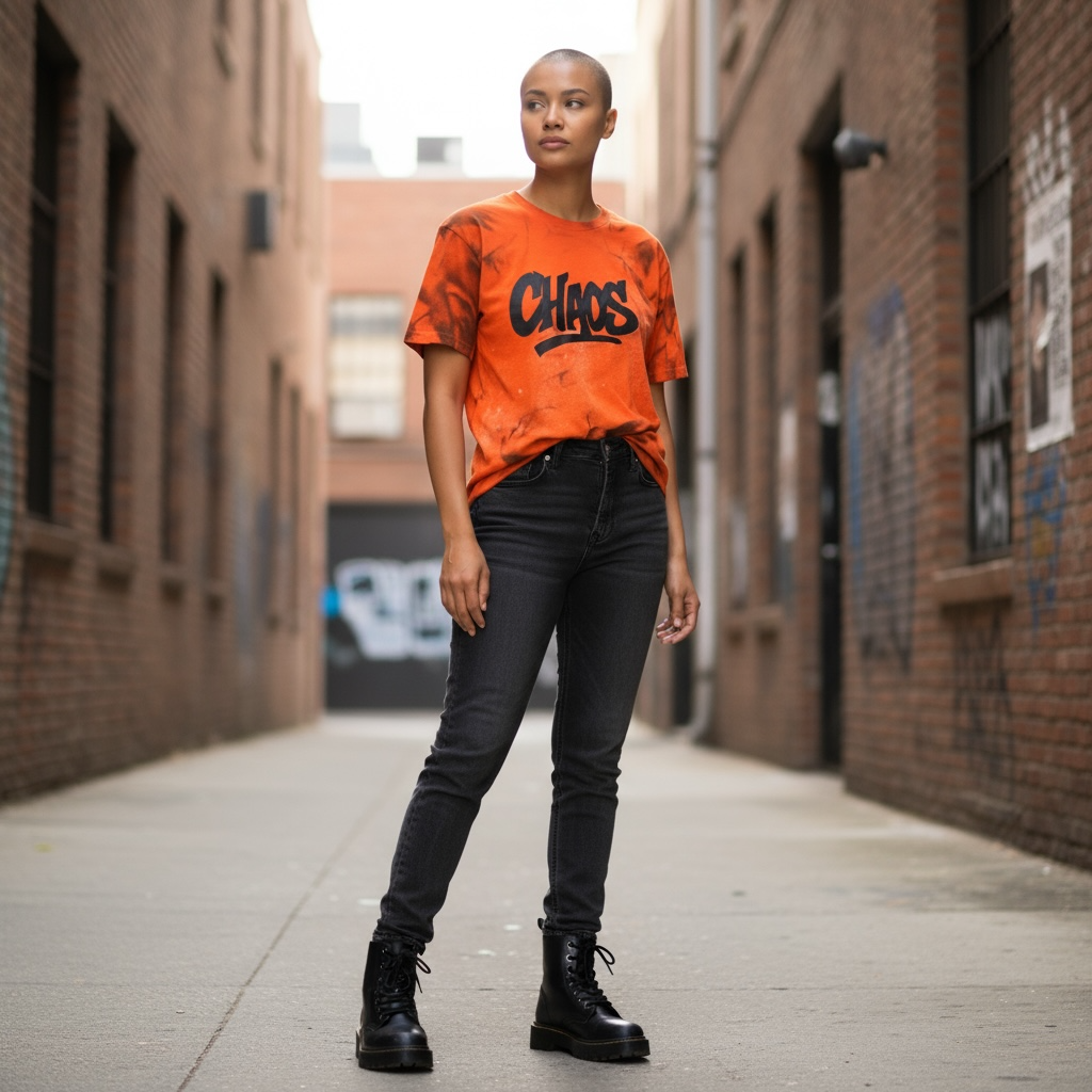 Custom Orange “CHAOS” Graphic Tee – Spray Effect – Small