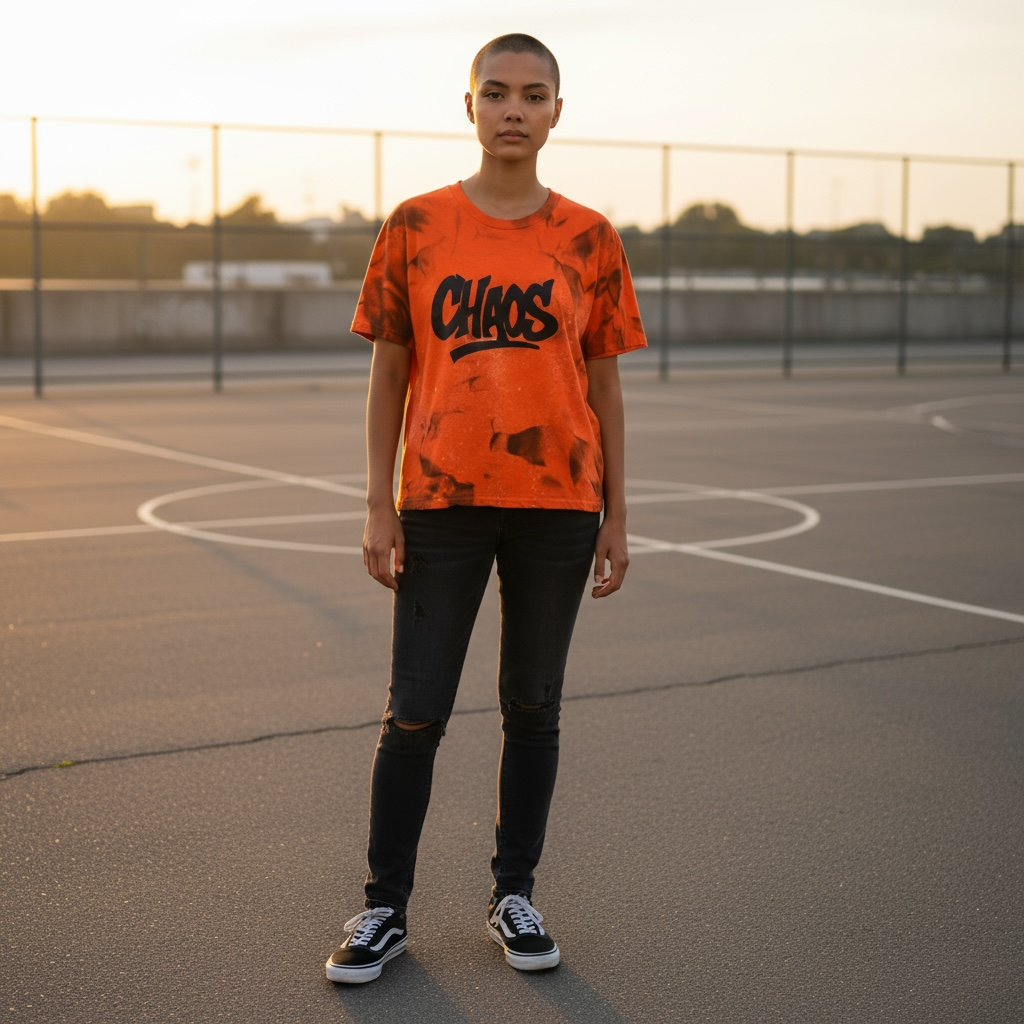 Custom Orange “CHAOS” Graphic Tee – Spray Effect – Small