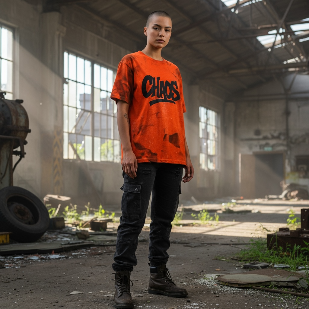 Custom Orange “CHAOS” Graphic Tee – Spray Effect – Small