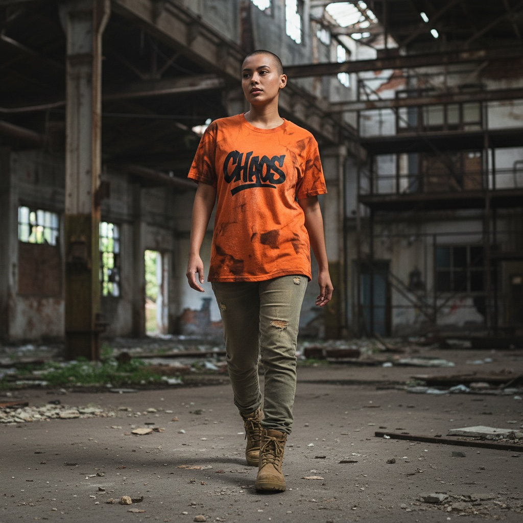 Custom Orange “CHAOS” Graphic Tee – Spray Effect – Small