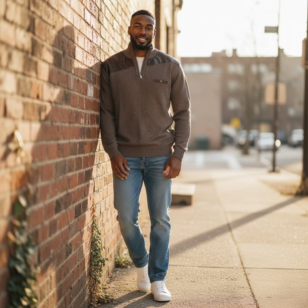 Leonardo Gavino Men’s XXL Quarter-Zip Brown Knit Sweater w/ Faux Leather Shoulder Panels