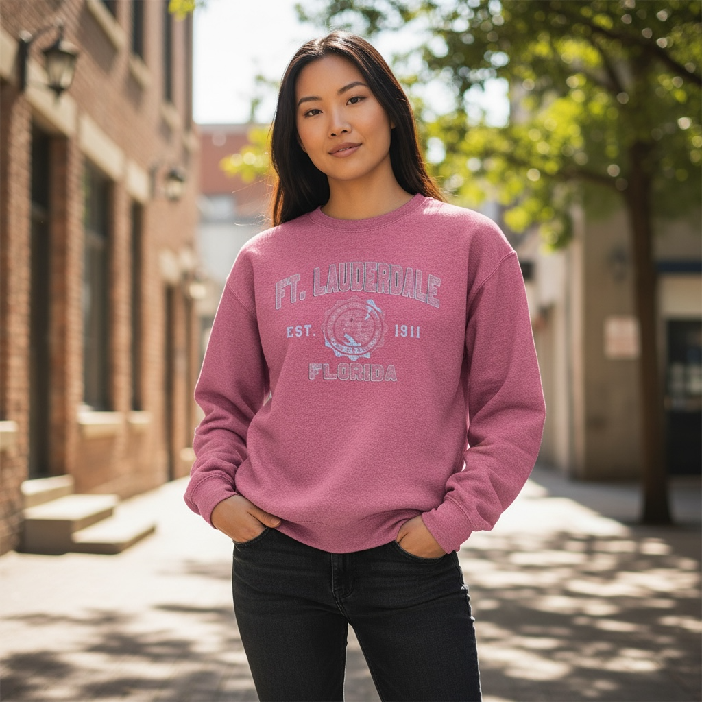Ft. Lauderdale Florida Crewneck Sweatshirt – Pink Vintage-Style Pullover – Size Medium