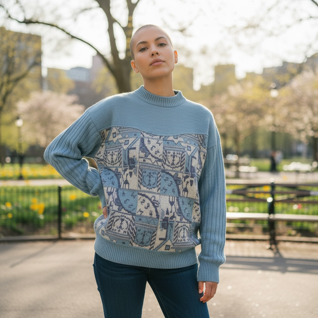 Vintage Blue Patterned Knit Sweater – Geometric Jacquard Design – Size Large