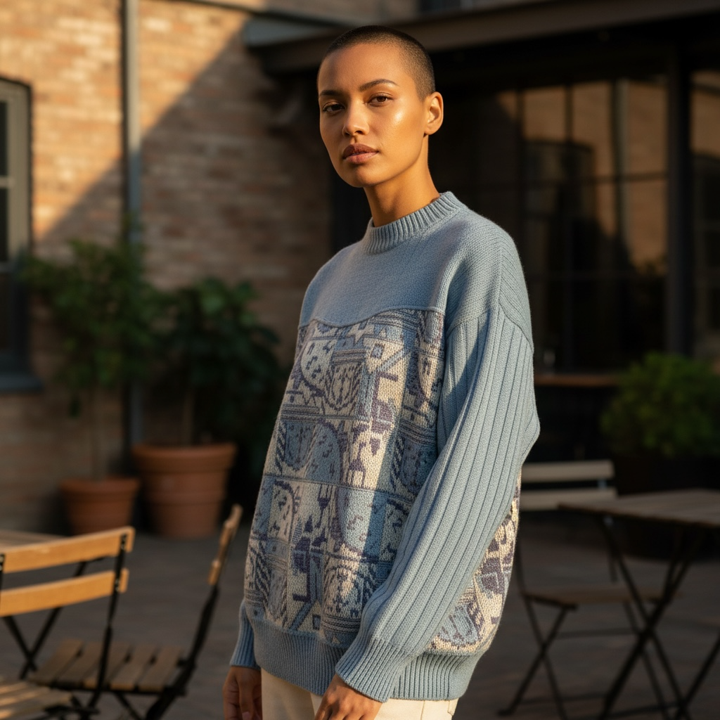 Vintage Blue Patterned Knit Sweater – Geometric Jacquard Design – Size Large