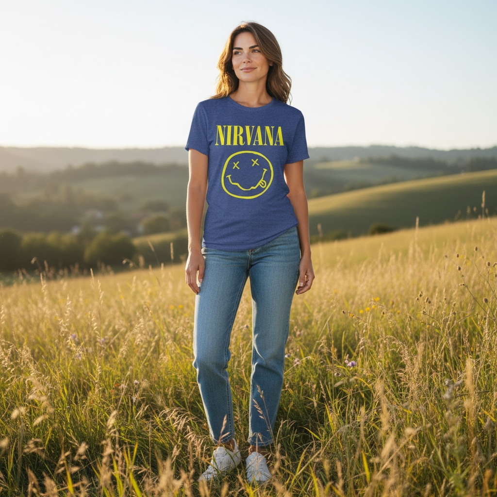 Nirvana Blue Graphic Band Tee – Smiley Face Logo – Size Large