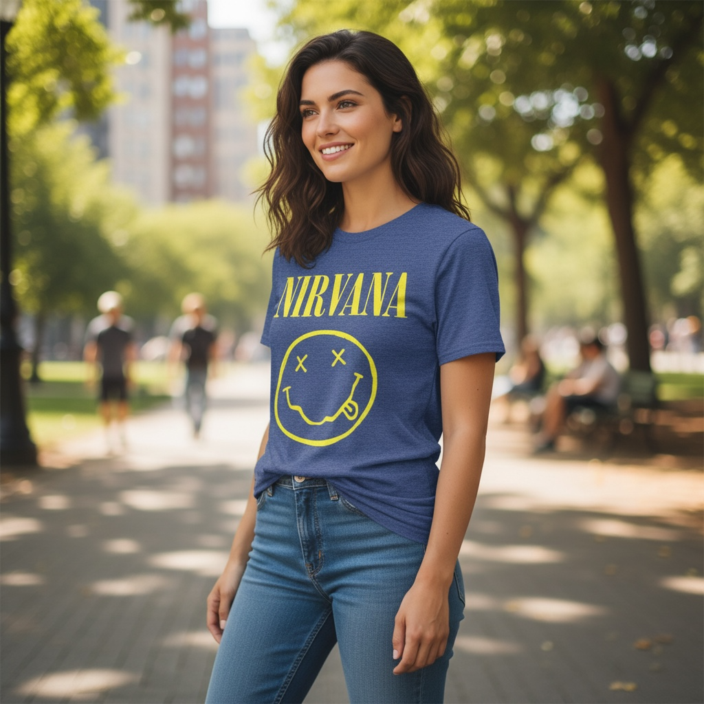 Nirvana Blue Graphic Band Tee – Smiley Face Logo – Size Large