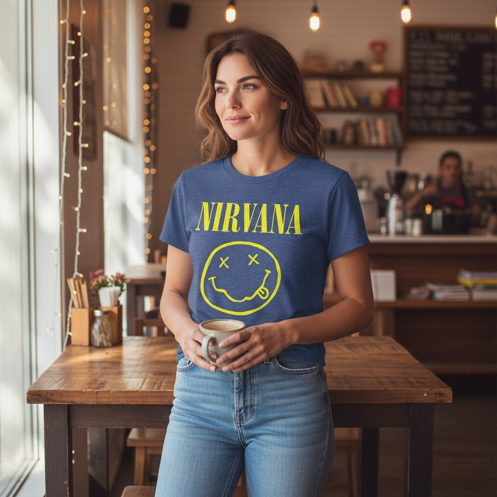 Nirvana Blue Graphic Band Tee – Smiley Face Logo – Size Large