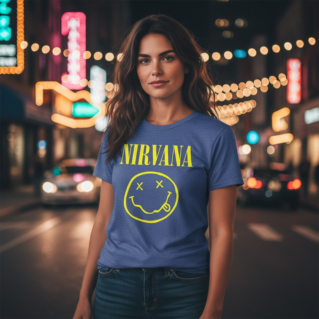 Nirvana Blue Graphic Band Tee – Smiley Face Logo – Size Large