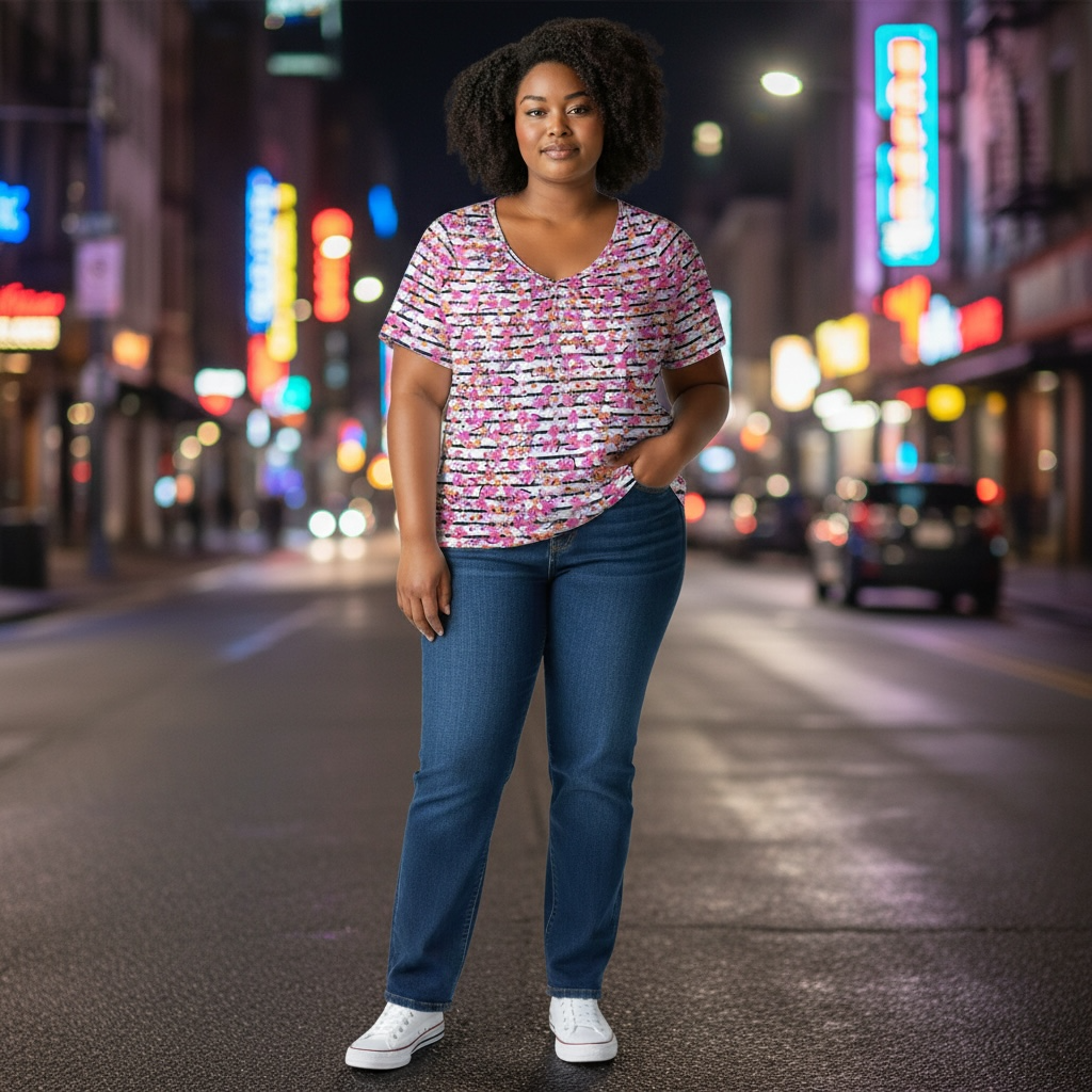 Women’s Floral Stripe V-Neck Short Sleeve Top – Pink/Orange Blossom Print – Size XL