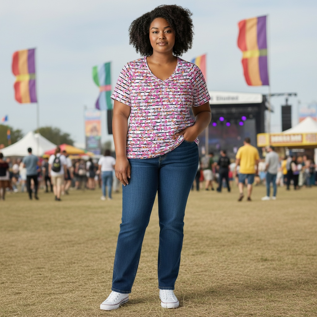 Women’s Floral Stripe V-Neck Short Sleeve Top – Pink/Orange Blossom Print – Size XL