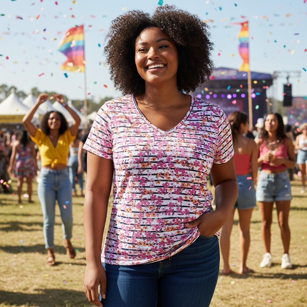 Women’s Floral Stripe V-Neck Short Sleeve Top – Pink/Orange Blossom Print – Size XL