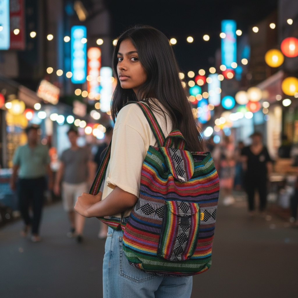 Vintage Boho Mexican Woven Backpack – Multicolor Tribal Knit Bag