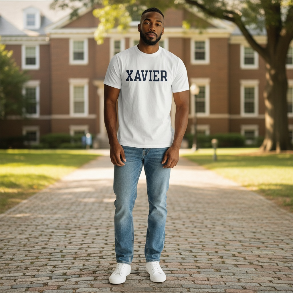 Vintage Champion “Xavier” University Spell-Out Tee – White – Size XL – Classic Collegiate Shirt