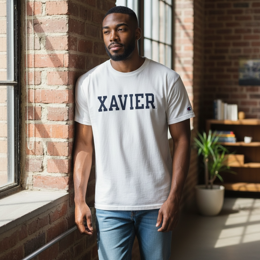 Vintage Champion “Xavier” University Spell-Out Tee – White – Size XL – Classic Collegiate Shirt