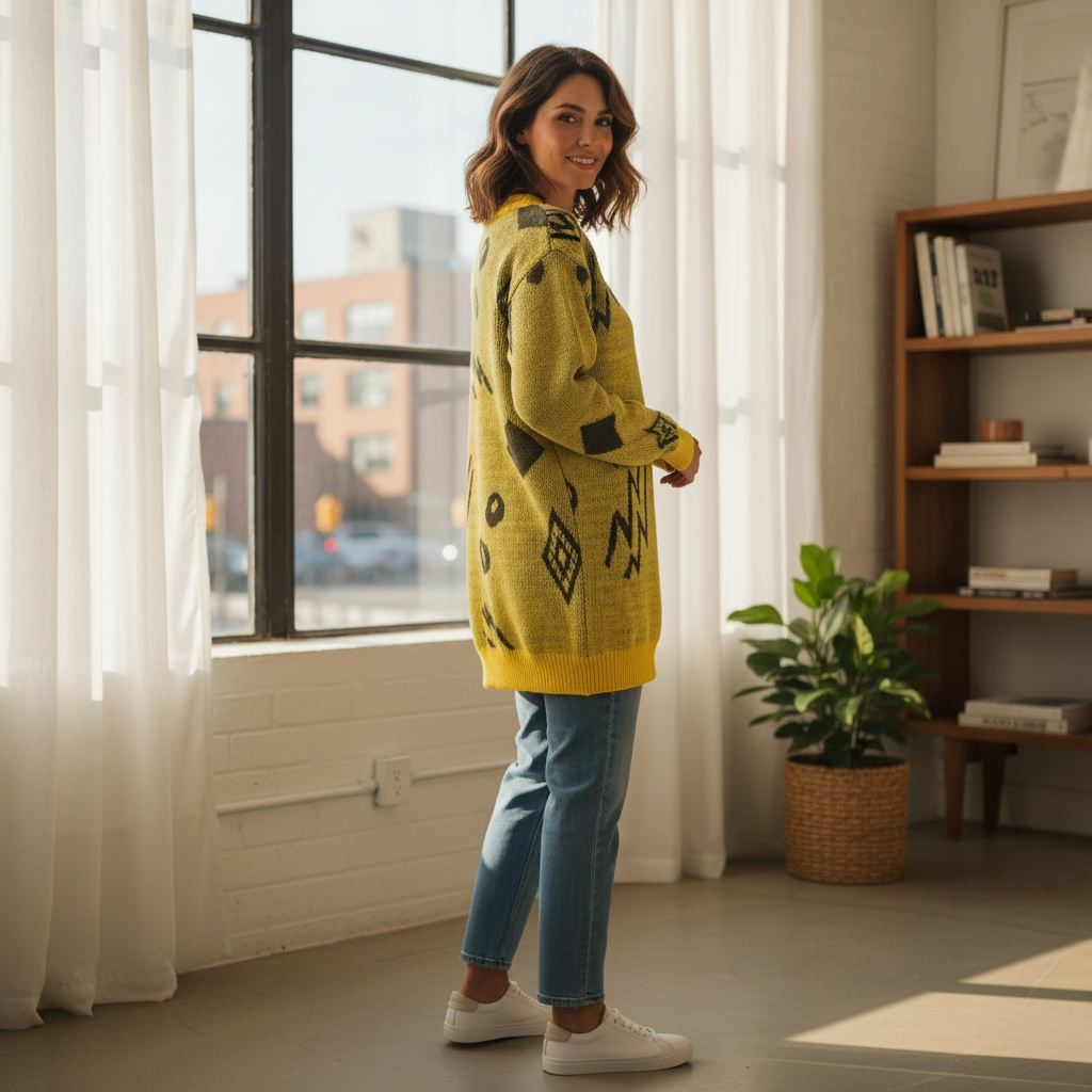 Vintage 80s 90s Yellow Knit Sweater | Lightning Bolt Geometric Pattern | Retro Oversized Medium