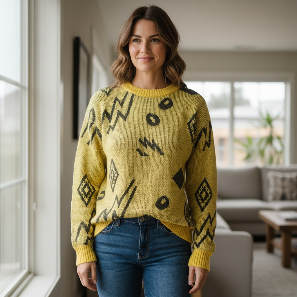 Vintage 80s 90s Yellow Knit Sweater | Lightning Bolt Geometric Pattern | Retro Oversized Medium