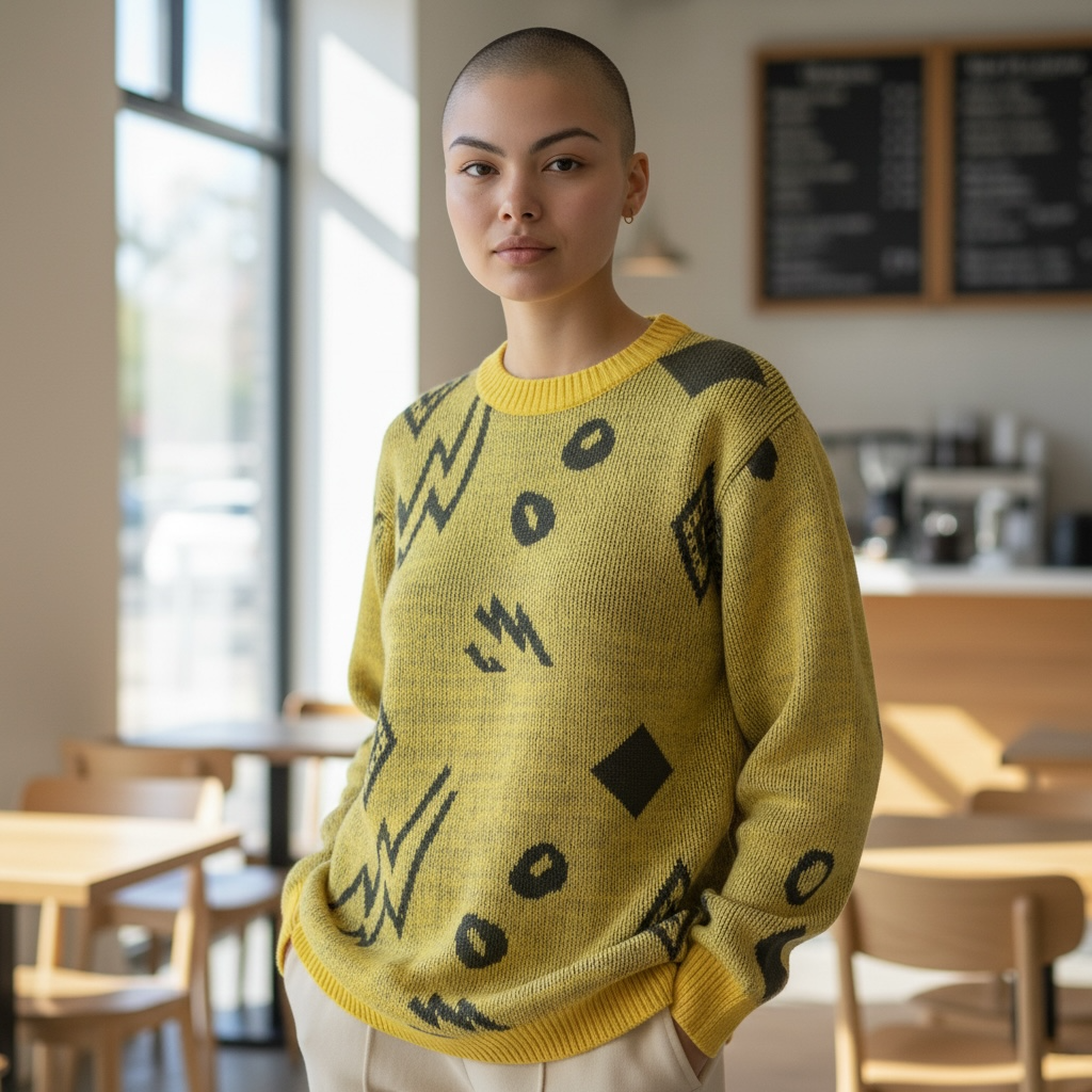 Vintage 80s 90s Yellow Knit Sweater | Lightning Bolt Geometric Pattern | Retro Oversized Medium