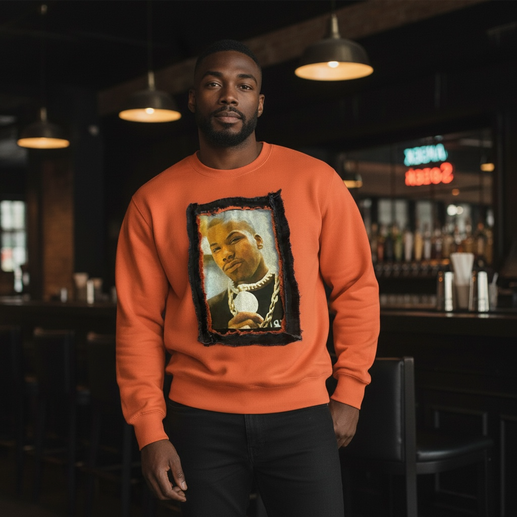 BANYARA THREADZ One of One Custom Hip-Hop Inspired Orange Crewneck – Size Large