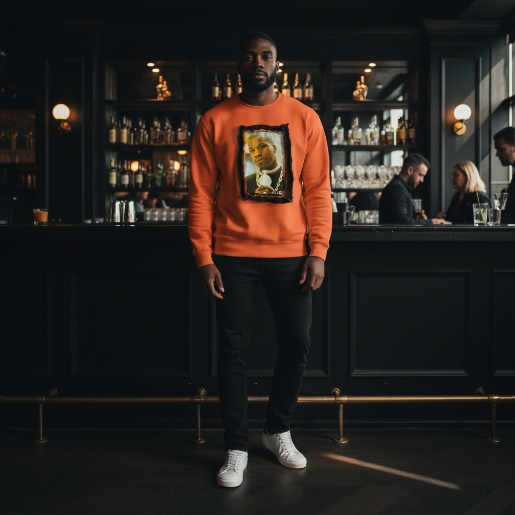 BANYARA THREADZ One of One Custom Hip-Hop Inspired Orange Crewneck – Size Large