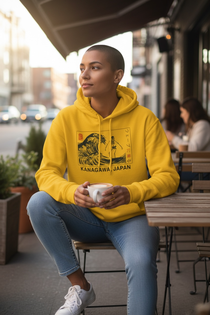 Bowery Supply Co Mustard Yellow Hoodie – Kanagawa Japan Graphic