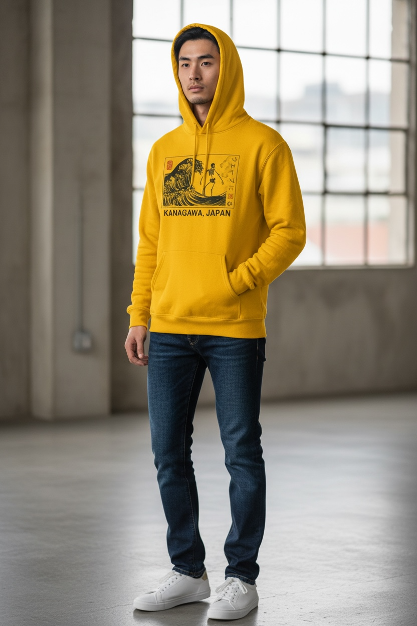 Bowery Supply Co Mustard Yellow Hoodie – Kanagawa Japan Graphic