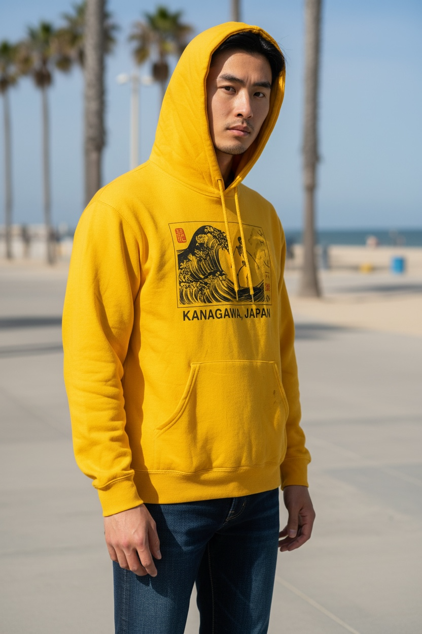 Bowery Supply Co Mustard Yellow Hoodie – Kanagawa Japan Graphic