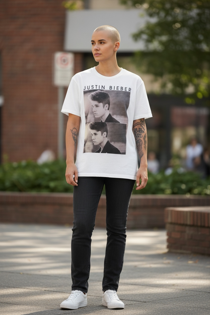 Justin Bieber Graphic T-Shirt Size Large | White Photo Print Tee