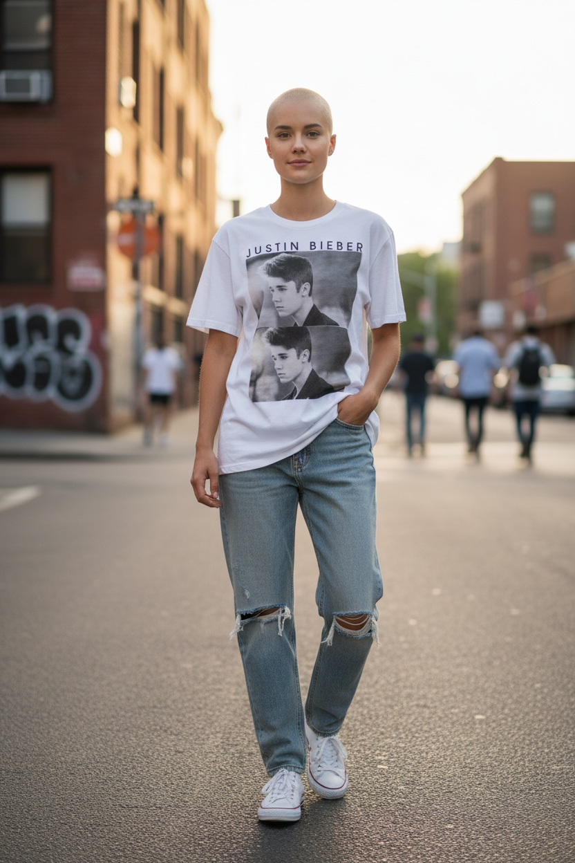 Justin Bieber Graphic T-Shirt Size Large | White Photo Print Tee